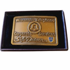 Bell Wisconsin Telephone 3 Year Safe Driver Belt Buckle Brass Co Logo 1970s Box