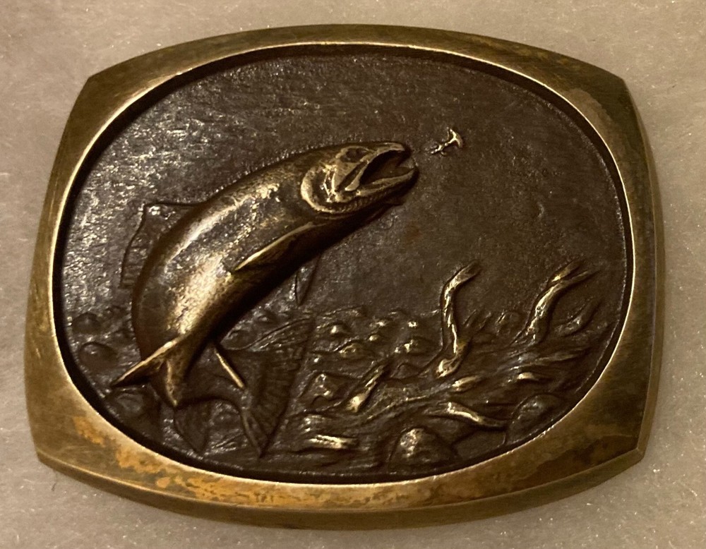 Vintage 1984 Metal Belt Buckle, Fish, Fishing, Steven L. Knight, Solid Bronze, N