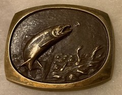 Vintage 1984 Metal Belt Buckle, Fish, Fishing, Steven L. Knight, Solid Bronze, N