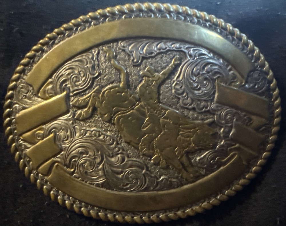 Crumrine Vtg Bull Rider Belt Buckle Big Silver Plated Heavy Over Jewelers Bronze