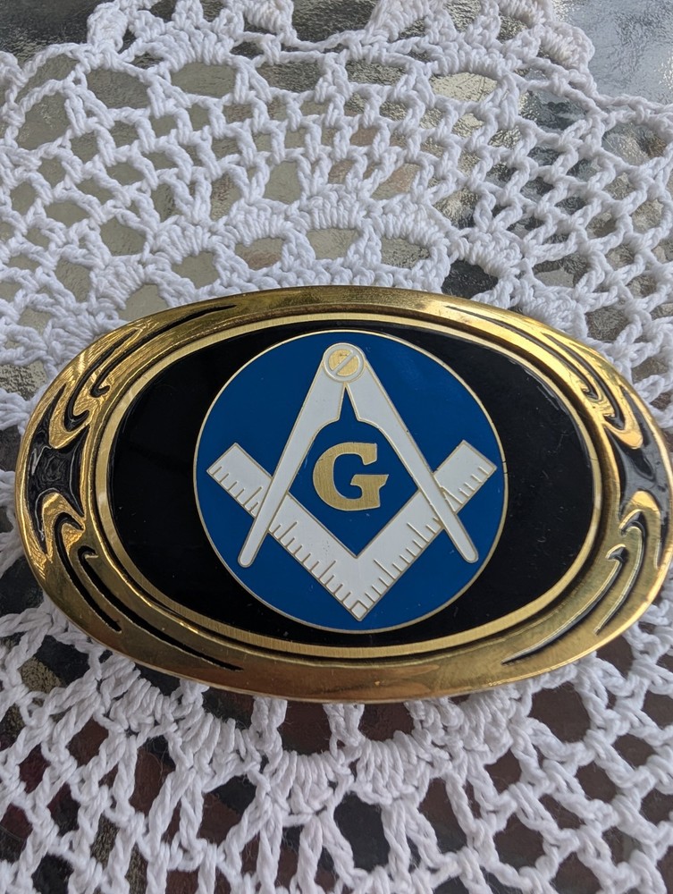 VTG 1983 NAP Inc Masonic Belt Buckle Solid Brass Blue Enamel Oval 3.25in C01