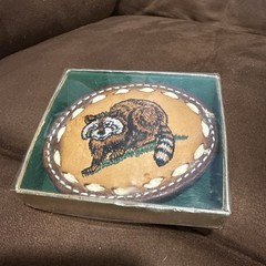 Vintage Hand Tooled Belt Buckle Racoon leather handcrafted Western Cowboy