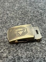 Vintage OshKosh Belt Buckle Mens Gold Brass Rectangular Clamp Logo Made In USA