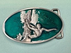 Surfer Riding A Wave Hang 10 Oval Aqua Ocean Sea Blue Color Belt Buckle