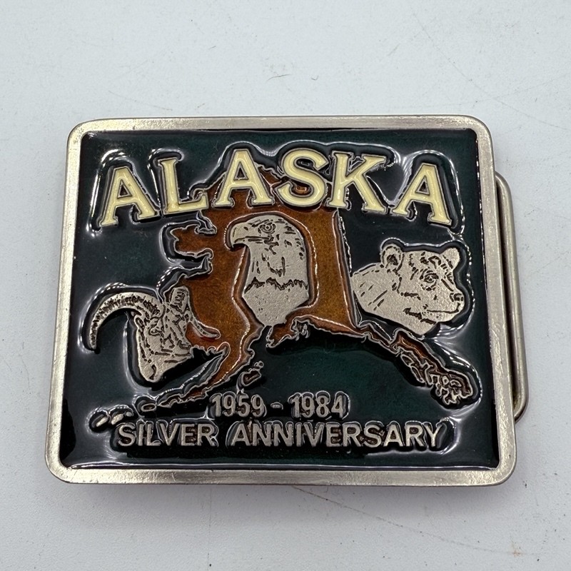 Vintage Alaska Silver Anniversary 1959-1984 Belt Buckle Eagle Bear Goat Enamel