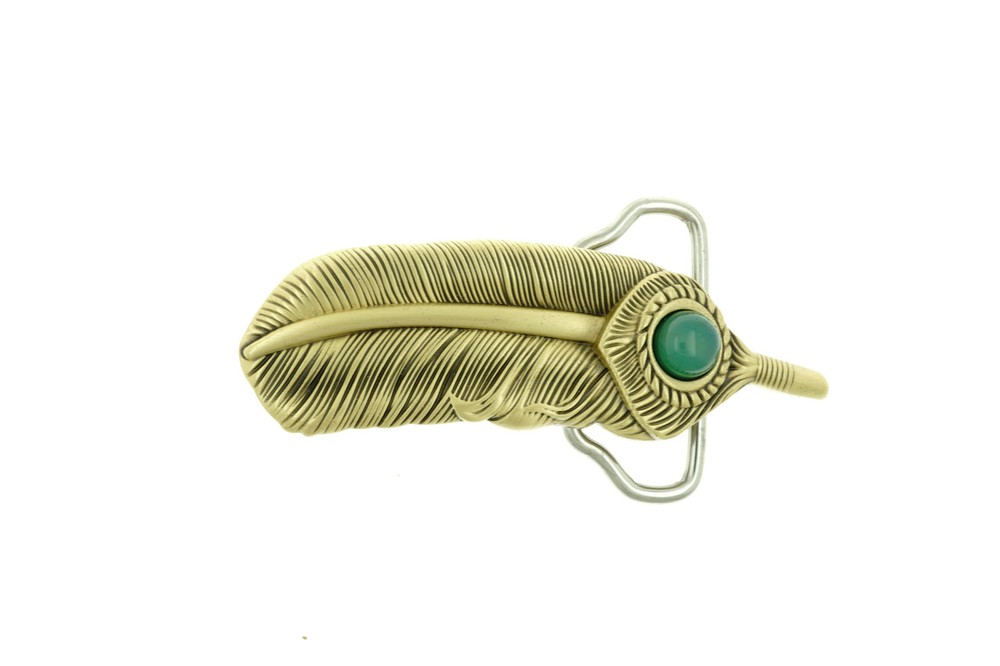 Feather with Green Stone Solid Brass Metal Belt Buckle