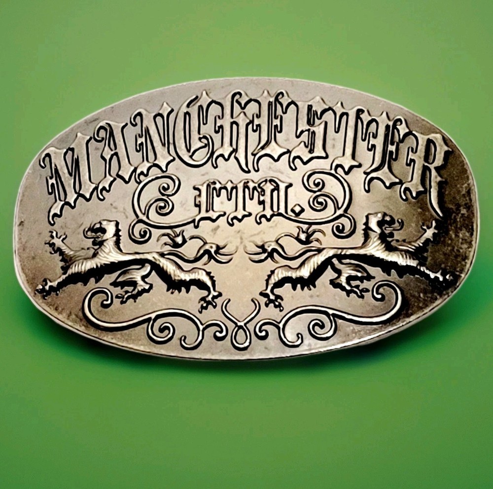 MANCHESTER LTD VTG FORGED BELT BUCKLE Lions Crest & Scroll Design 4&Prime;wide VGC!