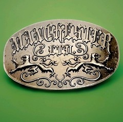 MANCHESTER LTD VTG FORGED BELT BUCKLE Lions Crest & Scroll Design 4&Prime;wide VGC!