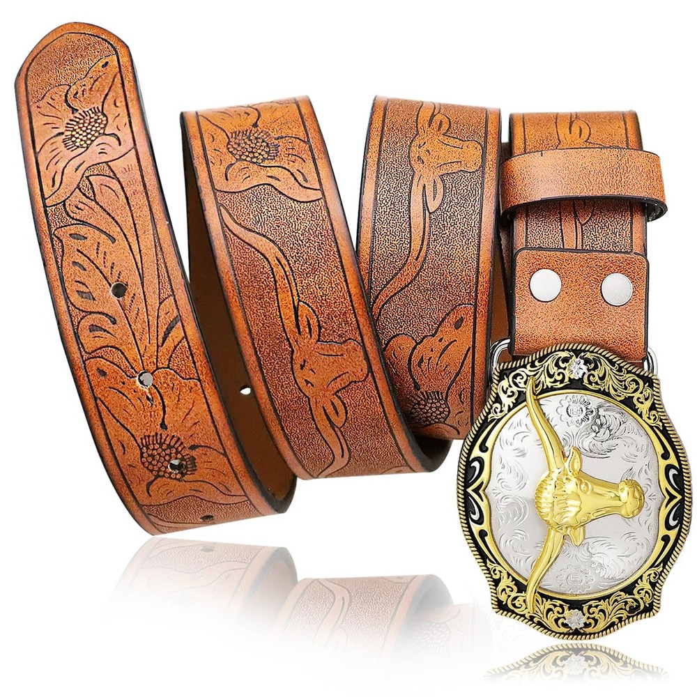 Aswitnove Mens Western Leather Buckle Belts, M-Fit waist size(37&Prime;-41&Prime;), Brown