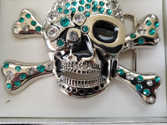 Skull & Crossbones Silver Heavy Metal Belt Buckle with Aqua & White Rhinestones