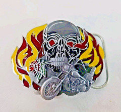 Vintage Biker Flaming Skull Rose Painted Enamel Pewter Belt Buckle 1991 Siskiyou