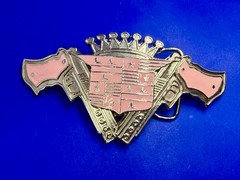 Guns Crown Shield Trucker Cadillac Grill Pink Enamel Belt Buckle Bottle Opener