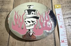 Pink and White Skull with Hat Belt Buckle