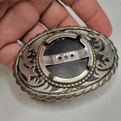 Vintage Silver Dollar Coin Gem Stone Holder Prong Belt Buckle Black Inlay Oval