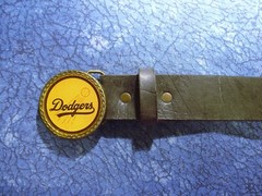 Vintage Lee Dodgers Baseball Belt Buckle with Leather Belt, Size 30-32