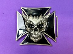 Devil Skull Maltese Cross Enamel Gothic Punk Pewter A-9 Siskiyou Belt Buckle