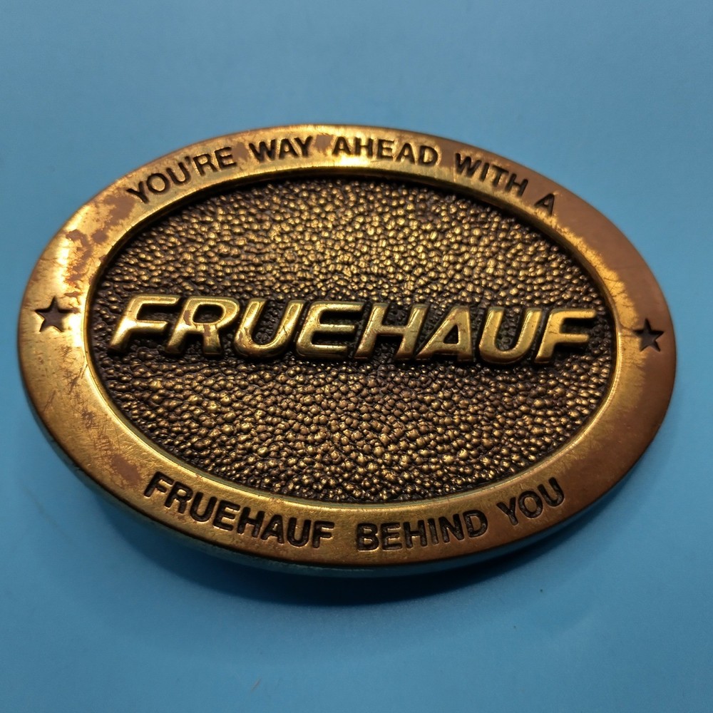 Vintage Fruehauf Trailer Advertising Belt Buckle Bronze Tone Synanon Trucking