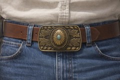 Turquoise Western Belt Buckle Antique Brass Engraved Oval Cabochon Cowboy Style