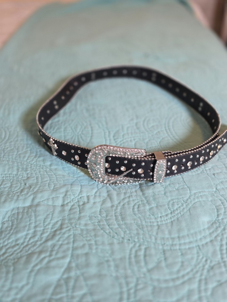 Women&rsquo;s Black Cross Rhinestone Western Motorcycle Bling Leather Belt