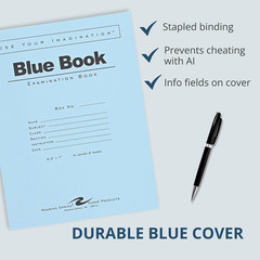 Exam Blue Books, 100 School Examination Booklets, 8.5&Prime; X 7&Prime;, 4 Sheets/8 Pages, W