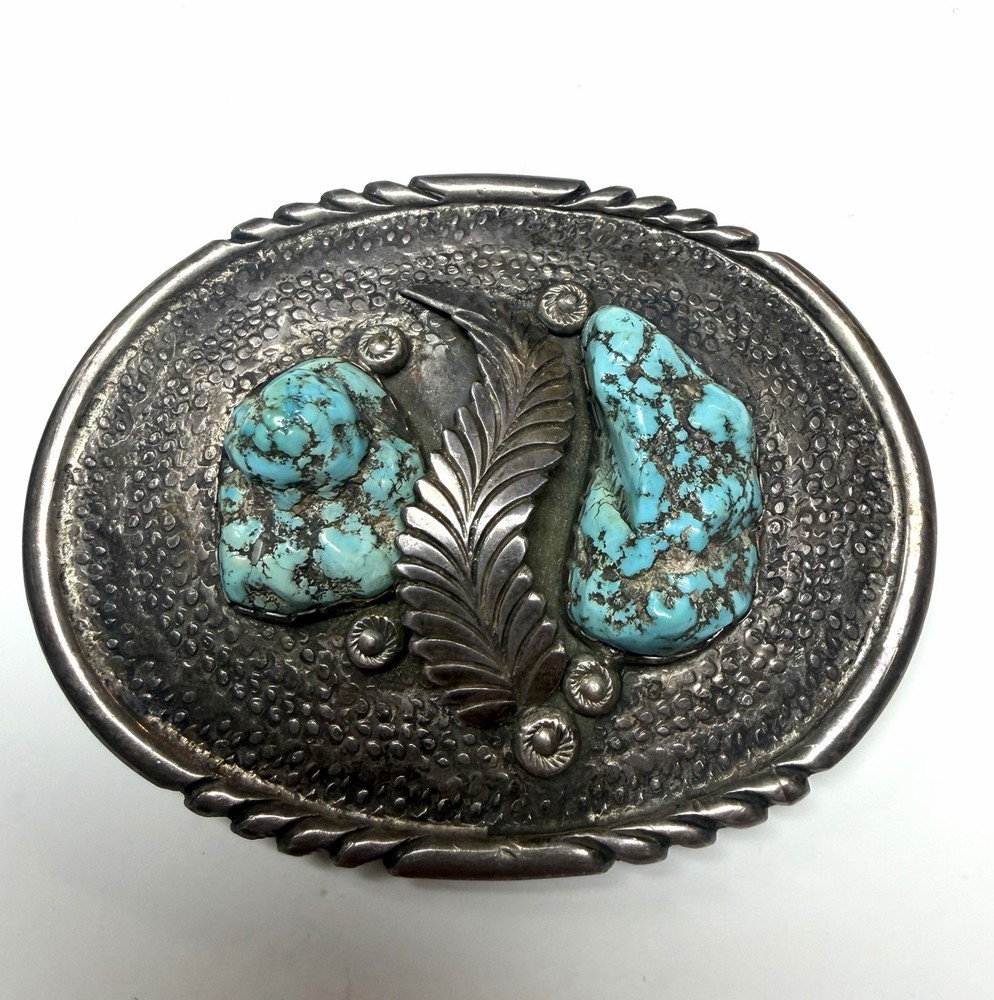 Vintage Stamped G Southwest Sterling Silver Large Turquoise Belt Buckle 96.5g