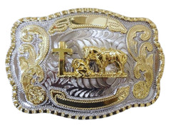 Praying Cowboy Horse Cross Faith Western Rodeo Fashion Large Gold Tone Buckle