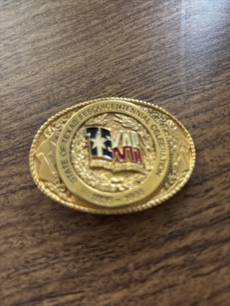 State of Texas Sesquicentennial Celebration Belt Buckle 1836-1986 Gold Plated