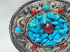 VTG Turquoise Belt Buckle Red Color Stones South Western Country Style Oval