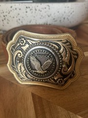 Vintage Brown Tooled Leather Belt with Bald Eagle Belt Buckle Silver Gold 38&Prime;