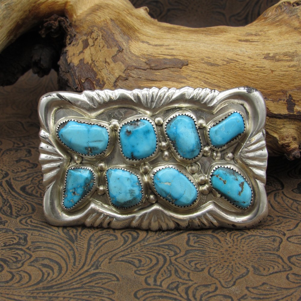 Zuni Sterling Silver 8 Turquoise Stone Belt Buckle By George & Lupeta Leekity