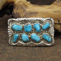 Zuni Sterling Silver 8 Turquoise Stone Belt Buckle By George & Lupeta Leekity