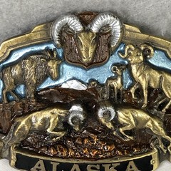 Vintage The Great American Buckle Co Belt Buckle Mens Gold Alaska Wildlife USA