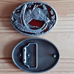 Horse iron feathers oval western belt buckle (choice colors)