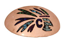 Native American Headdress Belt Buckle Turquoise Coral Inlay Mexico Vintage