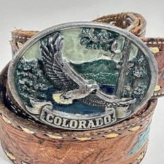 Vintage C & J Inc Colorado Eagle Belt Buckle and Strap 1986 Pewter USA