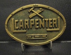 1978 Carpenter Builder Tradesman Brass Belt Buckle 8007 Saw Hammer Level