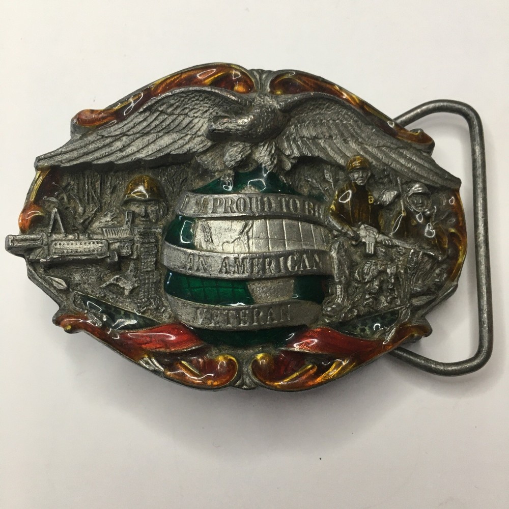 Vintage 1986 Brass USA Patriotic Proud To Be An American Veteran Belt Buckle War