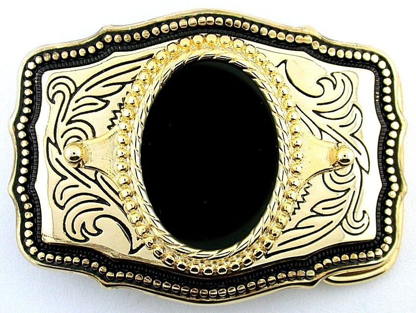 Gold Color Oval Western Natural Black Onyx Cabochon Cab Belt Buckle PBB4/3523