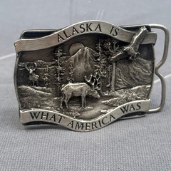VTG 1981 Alaska Belt Buckle Wildlife Deer Eagle Mountain Western Bergamot Brass