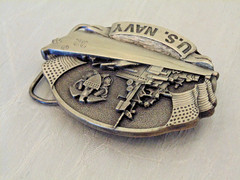 US Navy 3D Belt Buckle Ship Eagle Flag Vtg 81 Bergamot Brass Works USA Silver
