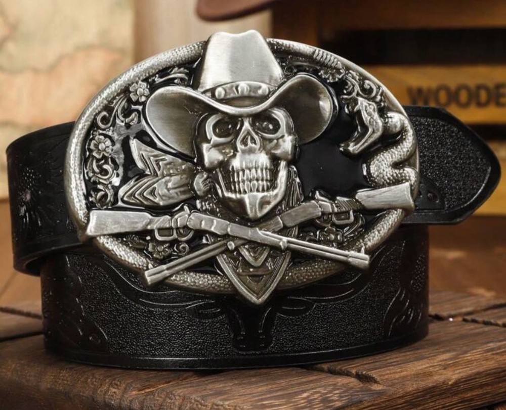 Cowboy skull outlaw western Oval Silver Black Belt Buckle