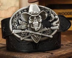 Cowboy skull outlaw western Oval Silver Black Belt Buckle