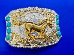 Running Galloping Mustang Stallion Horse W/ Faux Turquoise Stones Belt Buckle