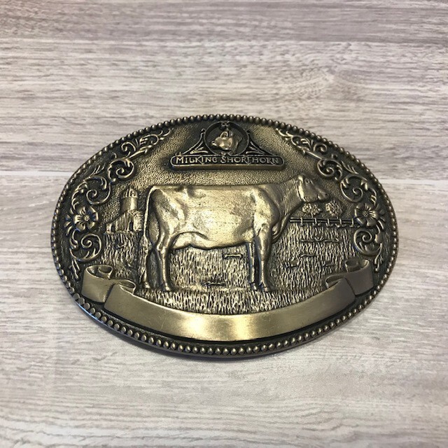 Vintage 80&rsquo;s Tony Lama Brass Belt Buckle Dairy Breed Series Milking Shorthorn