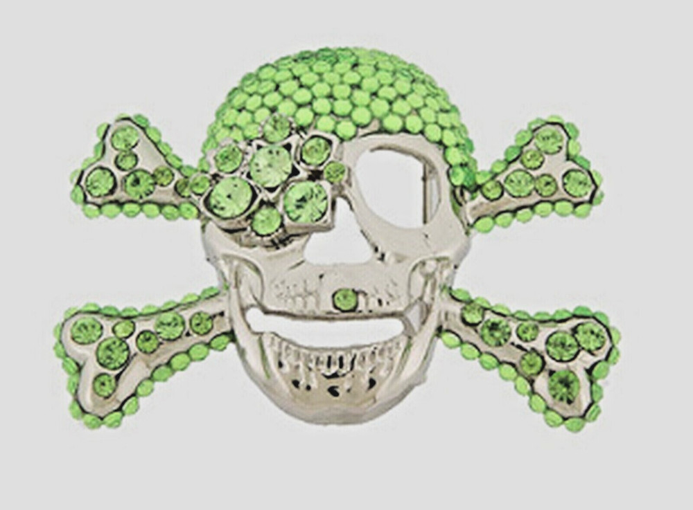 Skull Belt Buckles Crossbones Halloween Pirate Costume Bling Green Rhinestones