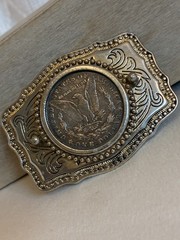 Genuine 1921 Morgan Silver Dollar Western Silver & Gold Tone Belt Buckle USA
