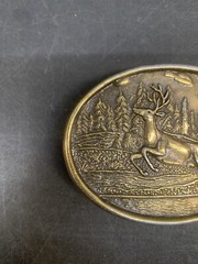 Brass Oval Belt Buckle Hunting Jumping Deer Forest