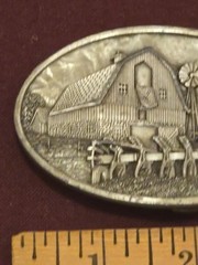 VTG Belt Buckle BARN 1984 Bergamot Brass Works Pewter Farming T 149 Made in USA