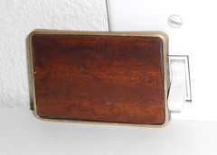 Vintage 1984 Brown Wood Grain Look Solid Brass Belt Buckle NAP Needs Back Loop