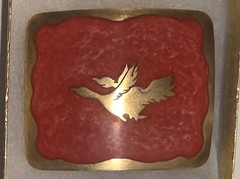 Vintage Metal Belt Buckle, Nice Brass and Red Crushed Turquoise, Flying Ducks, N